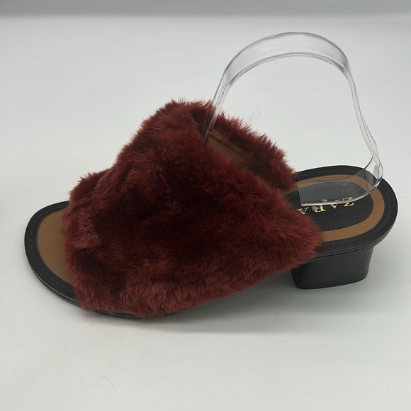 Zara - Brick Red Faux Fur  Slip On Open Toe Wide Block Mule Heels Size 39 - Picture 11 of 14